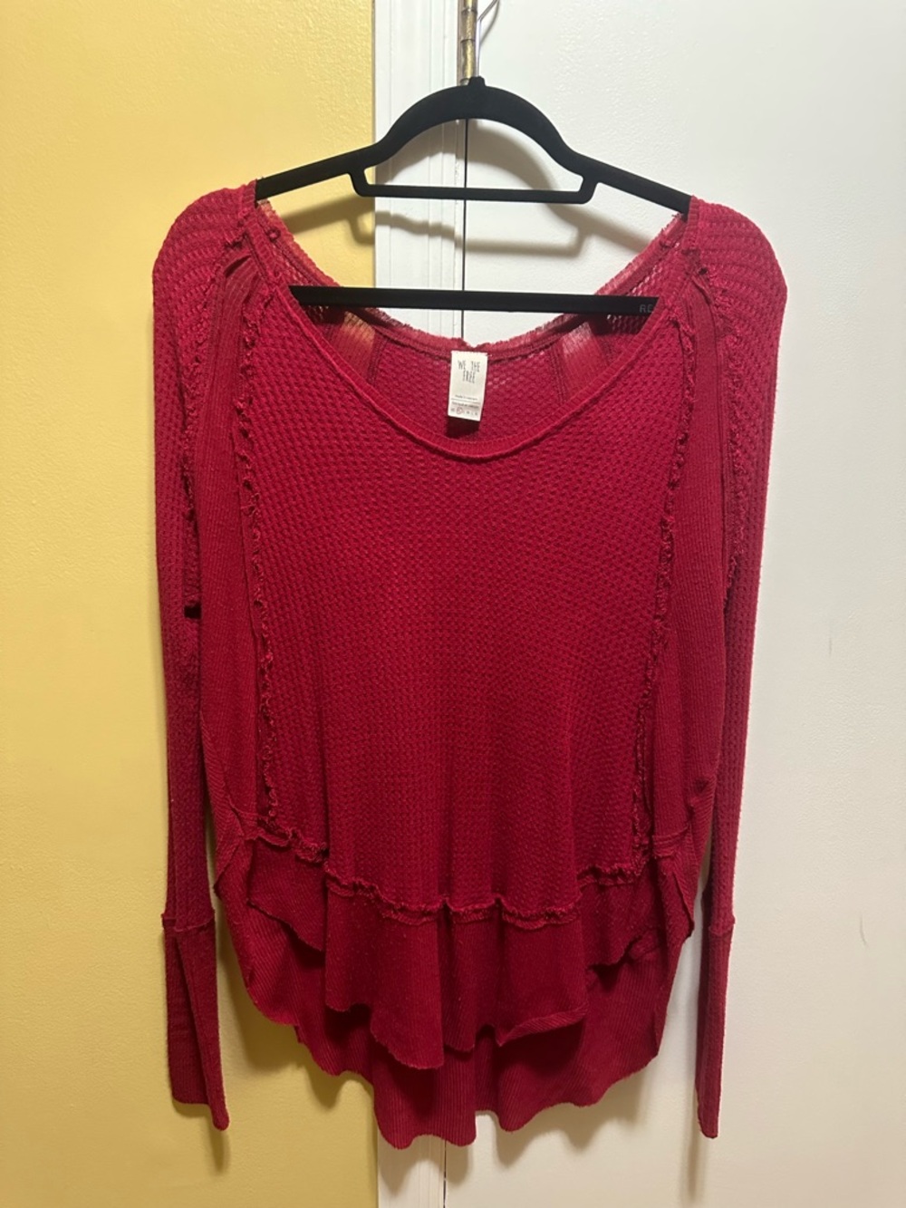 We The Free by Free People Catalina V-Neck Red Waffle-Knit thermal  Top (XS)
